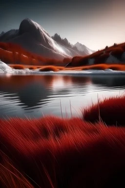 Nice small lake in front of a Ice mountain and red grass around