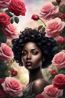 envision a closeup of a beautiful black female, with short curls, in the midst of a rose garden, facing the front, mystical, fantasy, chaos