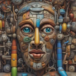 Picasso and Peter Gric masterpiece illustration of a front complex biomechanical Luna Park face colored face mixed to toys pieces (detailed eyes, nose, mouth , neck), made of various colored supplies objects all around and inside head, abstract background, centered composition, HDR, UHD, all in focus, no grain, concept art