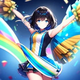 Clear Focus, High resolution, girl wearing a cheerleader outfit, blue eyes, medium hair length, black hair with a gradient of rainbow
