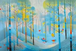 A light palish blue foggy forest with birds painted by Wassily Kandinsky