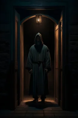 a medieval man standing in a doorway in the middle of night