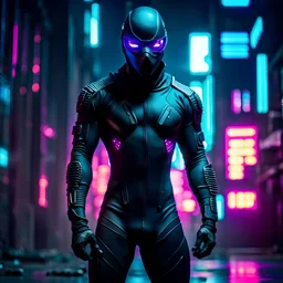 Masked male supersoldier in a tight bodysuit, stealthy, large masculine bulge, futuristic, ninja, high-tech, augmented, bionic, shadows, neon-lit, mysterious, haunting, dystopian, hidden in shadows, enigmatic, desolate, cyberpunk, eerie, post-apocalyptic background