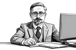 russian man sitting at desk, portrait, speech, nametag, glasses, goatee, short hair, mustache, suit; caricature style, sketch art; black and white; grayscale, pencil drawing