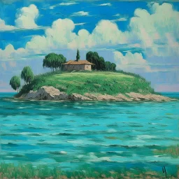 A turquoise island near a seaside painted by Alfred Sisley