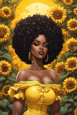 Create an comic book art image of a curvy black female wearing a yellow off the shoulder blouse and she is looking down holding the astrological Leo symbol with Prominent makeup. Highly detailed tightly curly black afro. Background of large yellow sunflowers surrounding her