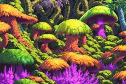 Fungi Forest: Bizarre fungi radioactive forest, hallucinogenic, surreal landscape, captivating flora and fauna, hazardous conditions, intricate details, vibrant colors,