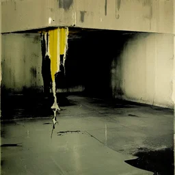 Minimal abstract oil paintings and graffiti in a desolate 1960s carpark concrete fragments and road markings. Broken pipes. In the style of Justin Mortimer and Francis Bacon. Muted yellows.