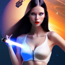 long black hair lady warrior bra with laser gun on Saturn