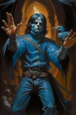 1970's dark fantasy cover dnd style oil painting of a medieval human genius with bird hand claws in horror sport outfits with minimalist far perspective. Magazine.