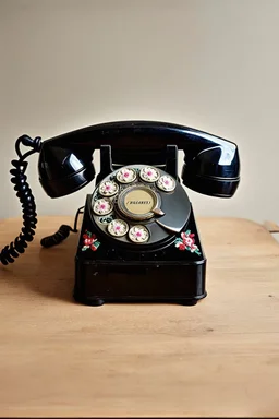 Téléphone rotatif avec des fleurs brodees, , tintype