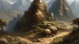 A brown mountain with rune stones painted by Zhang Lu