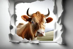 white,background,looking,through,a 3-d, broken,window,with,sharp,edges hole,watching,a,highland cow