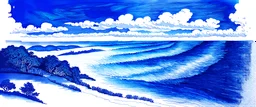 dessin au stylo à bille bic bleu, représentant un paysage avec l'ocean