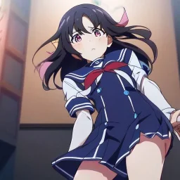 Clear focus, High resolution, A anime teenager, anime screencap, black medium length hair, hair cut in pieces, pink eyes, wearing a sailor uniform, blushing