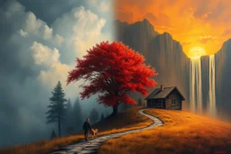 A cinematic atmospheric oil painting landscape dramatically split between cool misty blue-gray tones on the left and warm golden-orange sunset hues on the right. A vibrant red tree blazes like flames against the dramatic sky on the right side. Cascading vertical color streaks create a surreal waterfall effect throughout the composition. Two human figures a man and a woman and a dog walk intimately side-by-side along a winding path in the foreground. A rustic wooden cabin sits