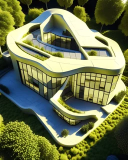 Casa geométrica en proporción aurea, estilo Zaha Hadid, calidad ultra, hiper realista, hiperdetallada, 3D 8K, vista aérea