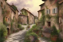 littel village in tuscany, watercolor