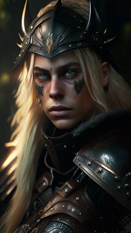 blonde female hunter wearing leather half armour dark fantasy Realistic 4k