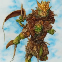 dungeons and dragons, fantasy, goblin, king, ochre skin, watercolour, blue nose, figure, pose