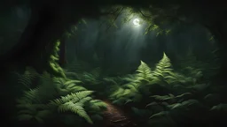 A beautifully rendered image featuring arched fern leaves nestled in a dense, dark forest. A bright light illuminates the scene, creating an ethereal atmosphere. this photorealistic depiction captures the moody and dramatic essence of a moonlit night forest, with a background of deep, lush foliage.