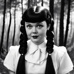 Young Actress judy garland as Wednesday addams, braids, bangs, in tge woods