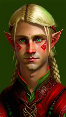 A young elf with blond hair in a single braid, green eyes and a small smile. He is dressed in an artist's costume mixing red and black as the main color.