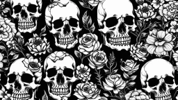 tracery of flowers and skulls, black and white, Maximum minimalism