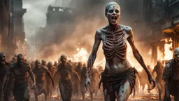 a horrifying female wight leading an army of rotting zombies through burning city. the big naked truth. fantasy setting. armor melted into the skin. blood. intense horror. blind terror. scared to death. a masterpiece, fantasy concept art, dynamic lighting, hyperdetailed, intricately detailed, deep color, Unreal Engine, volumetric lighting, Epic cinematic brilliant stunning intricate meticulously detailed dramatic atmospheric maximalist digital matte painting