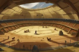 A light brown fighter's stadium designed in cave paintings