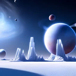 large frozen expanse, crystal temple, night sky with very well defined planets and stars, high precision
