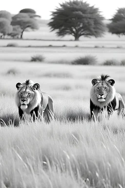 Black and white outlined lions on grasslands