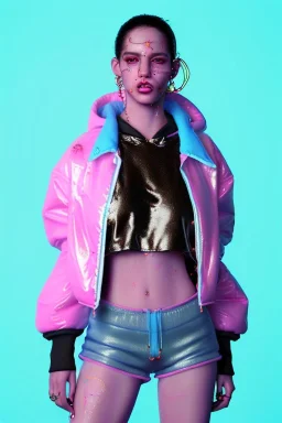 Ultra Realistic image, Rosalía artist, portrait, waist up portrait, long black eye line, sweet face, inflatable hoodie, gold pink and blue style, spray glow make up, led rings piercing, led geometric ornament, fog, hot, inflatable style latex coat, vibrant color, highly detailed, art stations, concept art, smooth, unreal engine 5, god rays, ray tracing, RTX, lumen lighting, ultra detail, volumetric lighting, 3d, finely drawn, high definition, high resolution.