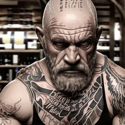 burly ugly 58 year old man bald with short beard and tank top tattoo chooses a bottle of wine in a cellar full of wine bottles dramatic light angry eyes highly detailed