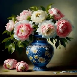 Peony Bouquet In Delft Vase Art Print