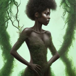 Painting . A young black woman. A wood nymph emerging from the forest. Her hair looks like leaves. Her skin looks like tree bark. Her clothing is made of vines, grass and hair