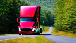 A Tesla semi-truck is racing at top speed, across the 'Great Smoky Mountains' National Park, in Tennessee. CINEMATIC. WIDE ANGLE LENS. PHOTO REAL.