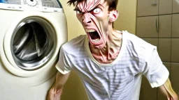 very skinny and lanky young man angry about damaged washer drier