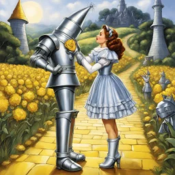 Dorothy in Oz kissing the Tin Man on the yellow brick road