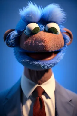 Waist up muppet Portrait, obama as muppet doll, blown hair, blue suit, photo studio, blue background, unreal engine 5, concept art, art station, god lights, ray tracing, RTX, lumen lighting, ultra detail, volumetric lighting, 3d.