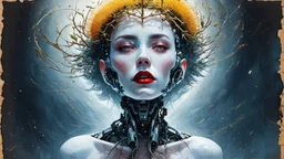 old worn paper, Ethereal bald white woman with thorns, thistles and plant roots on her head, human brains biomechanics cyberpunk style digital painting depicting a glowing woman with robotic features, combining human and artificial elements in a gripping sci-fi scene with intricate details and a cinematic atmosphere. Red lips, gold fragments, silver particles, wind, swirls, glare, glow from within, 8K, fine rendering, high detail, hyperrealism, high resolution, multi-layered, hyperdetail, hyperf