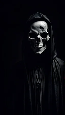 An eerie figure in a black robe, whose face resembles a skull, looks ominously at the camera against a black background.