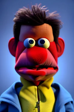 Waist up muppet Portrait, Nicolas maduro us muppet doll, Venezuelan president, tracksuit red blue and yellow, mustache, photo studio, red background, unreal engine 5, concept art, art station, ray tracing, lumen lighting, ultra detail, volumetric lighting, 3d.