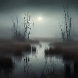 A landscape of misty marshland, dimly lit and scary, broad scene