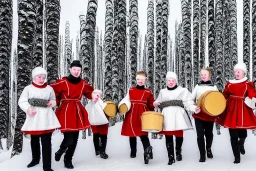 Northern Native Gaffers and a Sage. Indigenous, Kekripukki, carrying drums made of birch-park, Scary Horns, Midwinter, Mystic, Haunted Children. Traditional Costumes are white with red ornaments and patterns. African style colorful face paintings, Arctic Hills, Strange trees, Haunting Atmosphere, North-Carelia, Karelia, Karjala, Karjalainen, traditional Carelian costumes, dripping black tears on cheek,