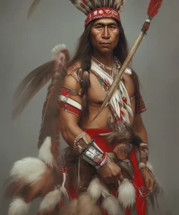 Guaicaipuro, native american face, Muscular warrior, three red feathers headdress, holding spear