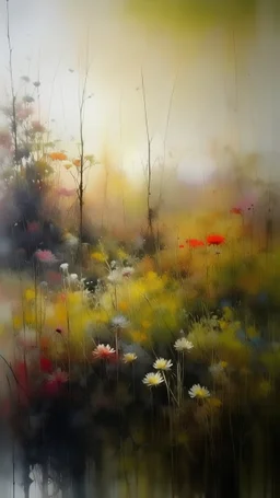 ((No Blur))1.33,Realistic oil painting*Masterpiece*Watercolor by Filip Hodas*Guy Denning Surreal illustration of a field of wildflowers pouring out like a liquid, vibrant colors, dreamlike atmosphere, by Salvador Dali and Rene Magritte, (long shot), soft lighting, intricate details.