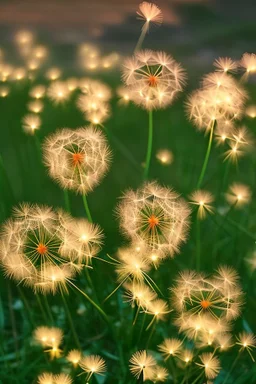 Dandelions glowing like fireworks in the sparkling summer night