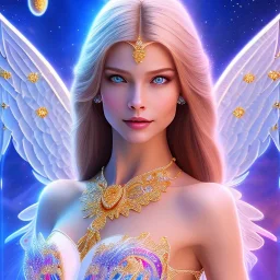 Flower angel, beautyful smiling young woman, long hair amazing blue eyes, happy cosmic, bright colors, blue, pink, gold, jewels, realistic, photo real, clear butt background, highly detailed, high contrast, 8k high definition, unreal engine 5, extremely sharp detail, light effect, sunny light background