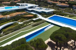 algarve in quinta do lago, one straight line building of 250 meters long pool, modernistic luxury architecture with wood and gold metallic pergolas with pool on rooftop, on a slope with pinus pinea, a road wrap around for low speed veicular road